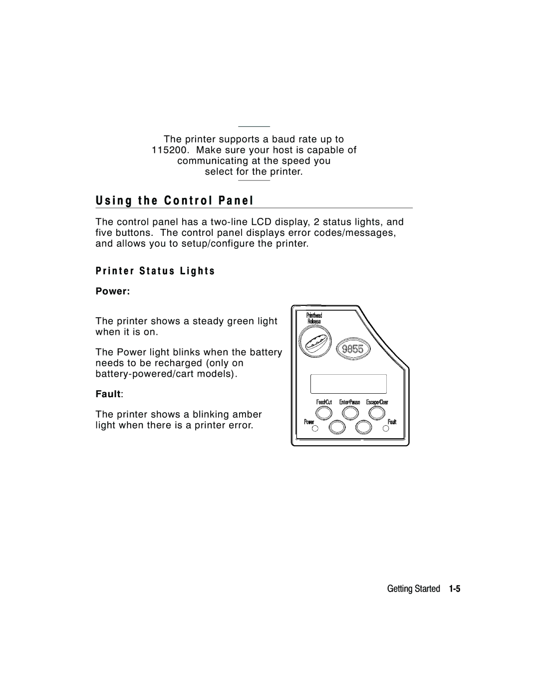 Paxar 9855 manual I n g t h e C o n t r o l P a n e l, I n t e r S t a t u s L i g h t s, Power, Fault 