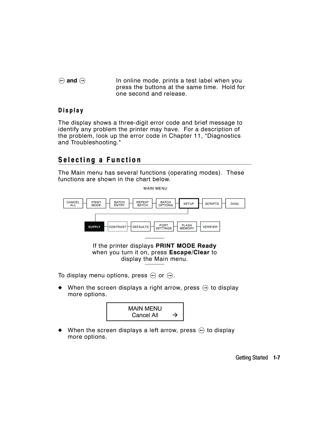 Paxar 9855 manual L e c t i n g a F u n c t i o n, S p l a y, Main Menu 