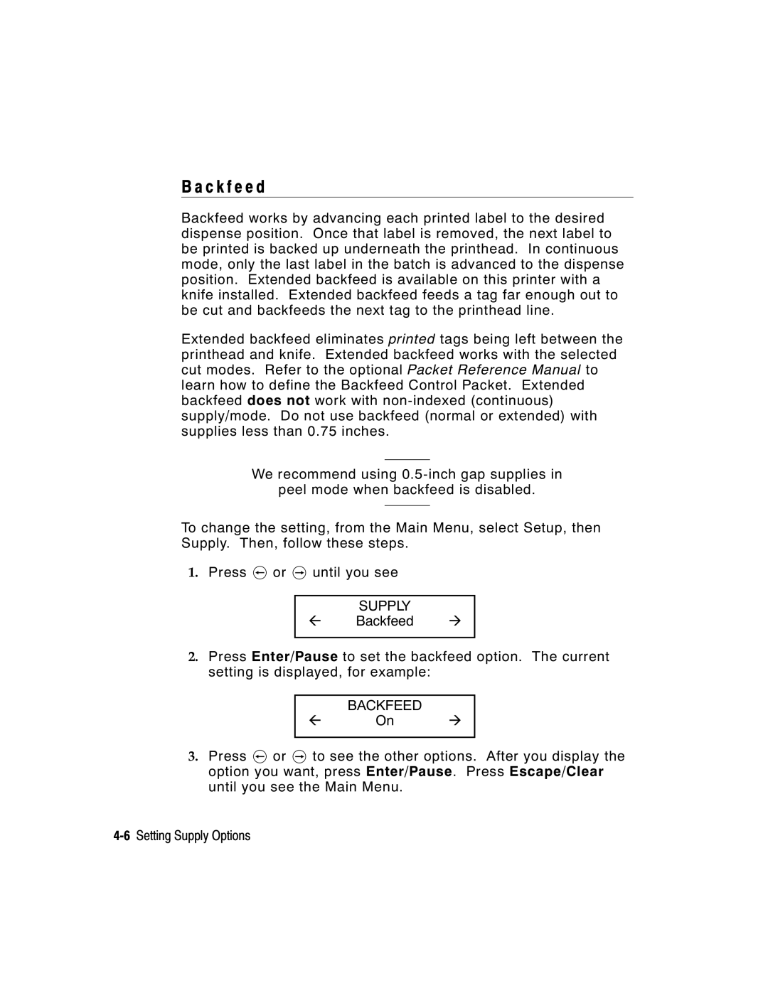 Paxar 9855 manual C k f e e d, Backfeed 