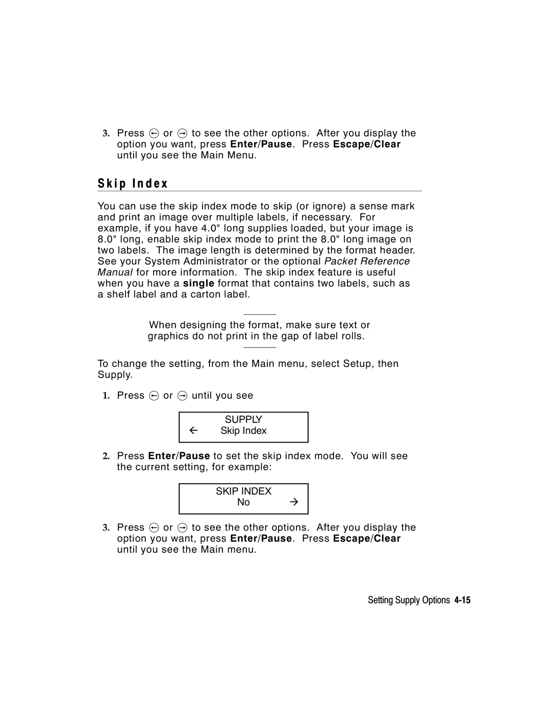 Paxar 9855 manual I p I n d e, Skip Index 