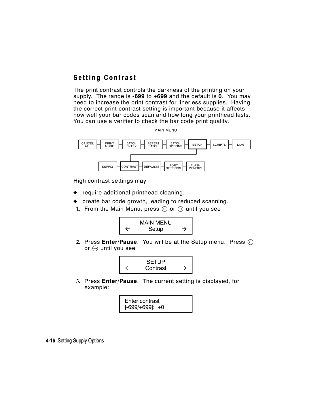 Paxar 9855 manual T t i n g C o n t r a s t, Setup 