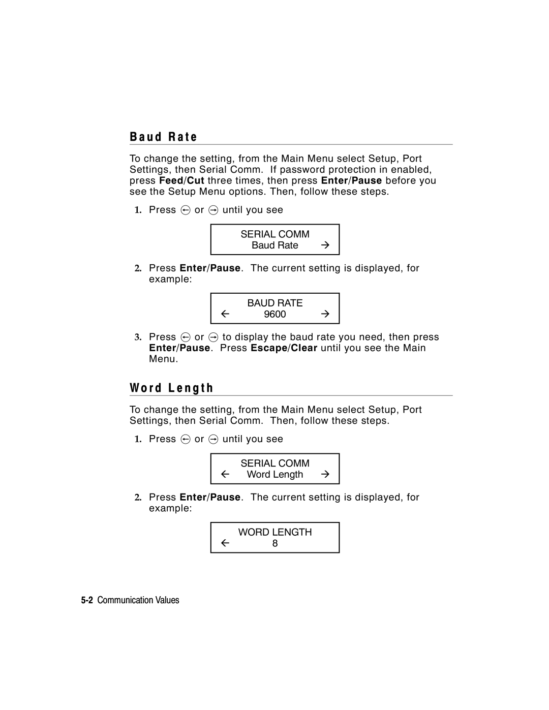 Paxar 9855 manual U d R a t e, Wo r d L e n g t h, Serial Comm, Baud Rate, Word Length 