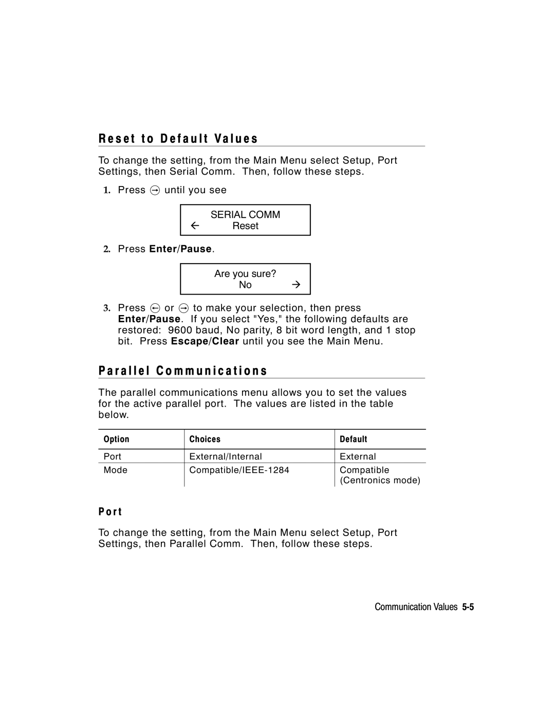 Paxar 9855 manual S e t t o D e Fault Va l u e s, R a l l e l C o m m u n i c a t i o n s, R t 