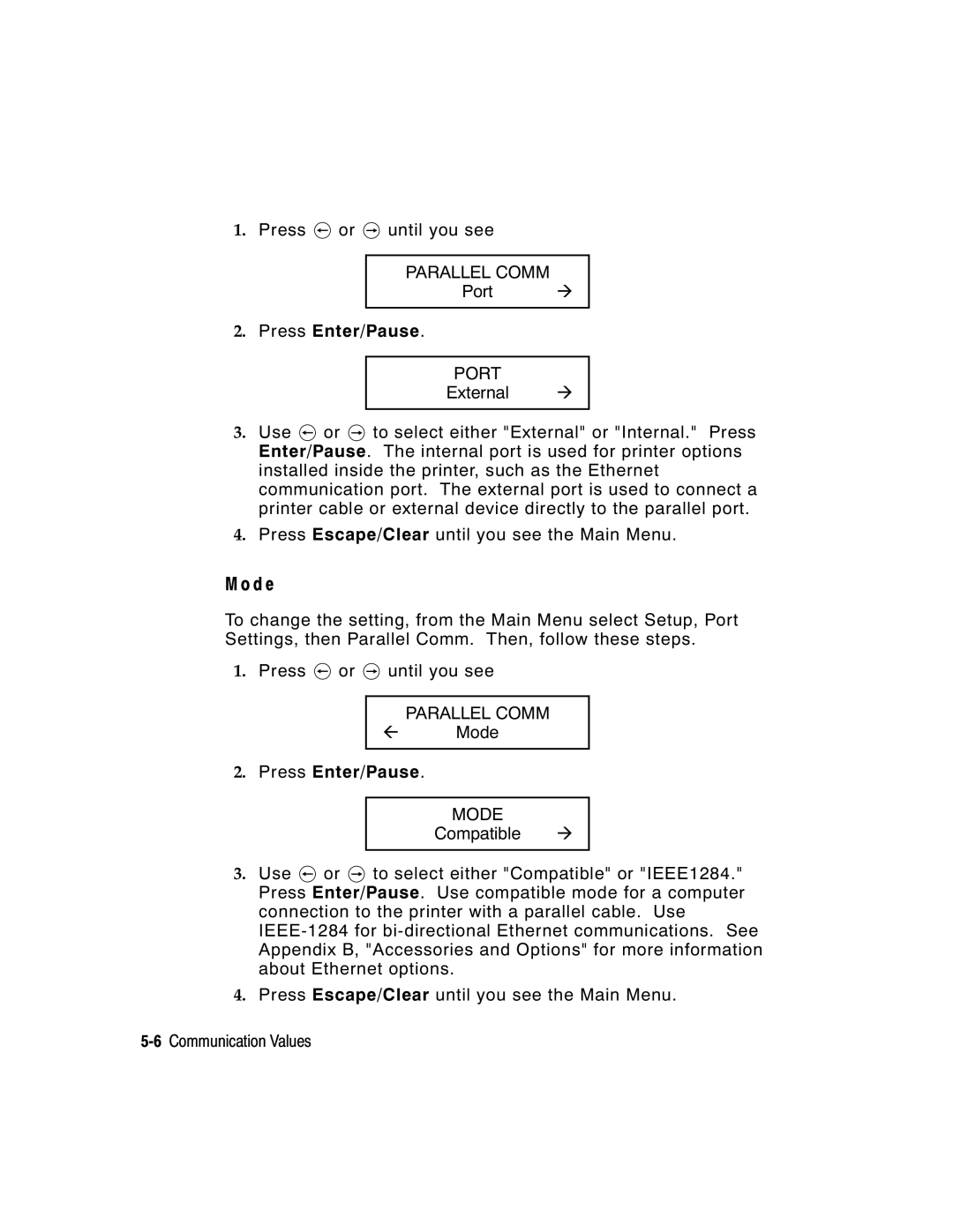 Paxar 9855 manual D e, Parallel Comm, Port, Mode 