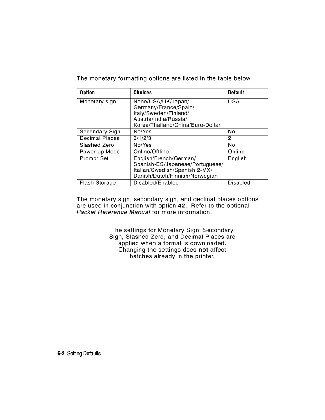 Paxar 9855 manual Monetary formatting options are listed in the table below 