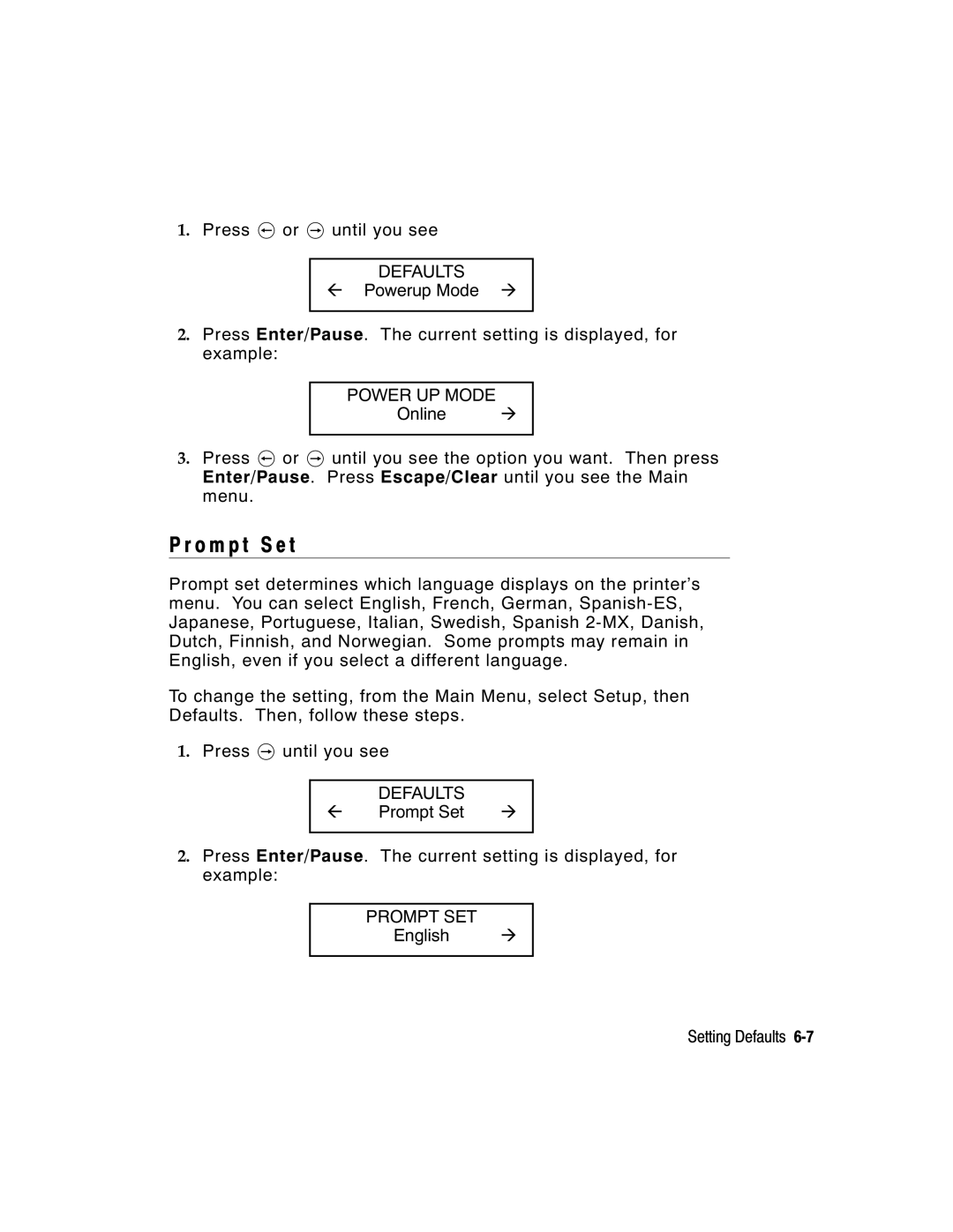 Paxar 9855 manual O m p t S e t, Power UP Mode, Prompt SET 