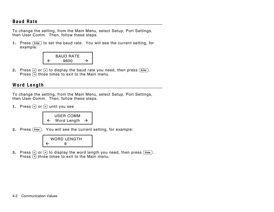 Paxar 9856 manual U d R a t e, R d L e n g t h, Baud Rate, User Comm, Word Length 