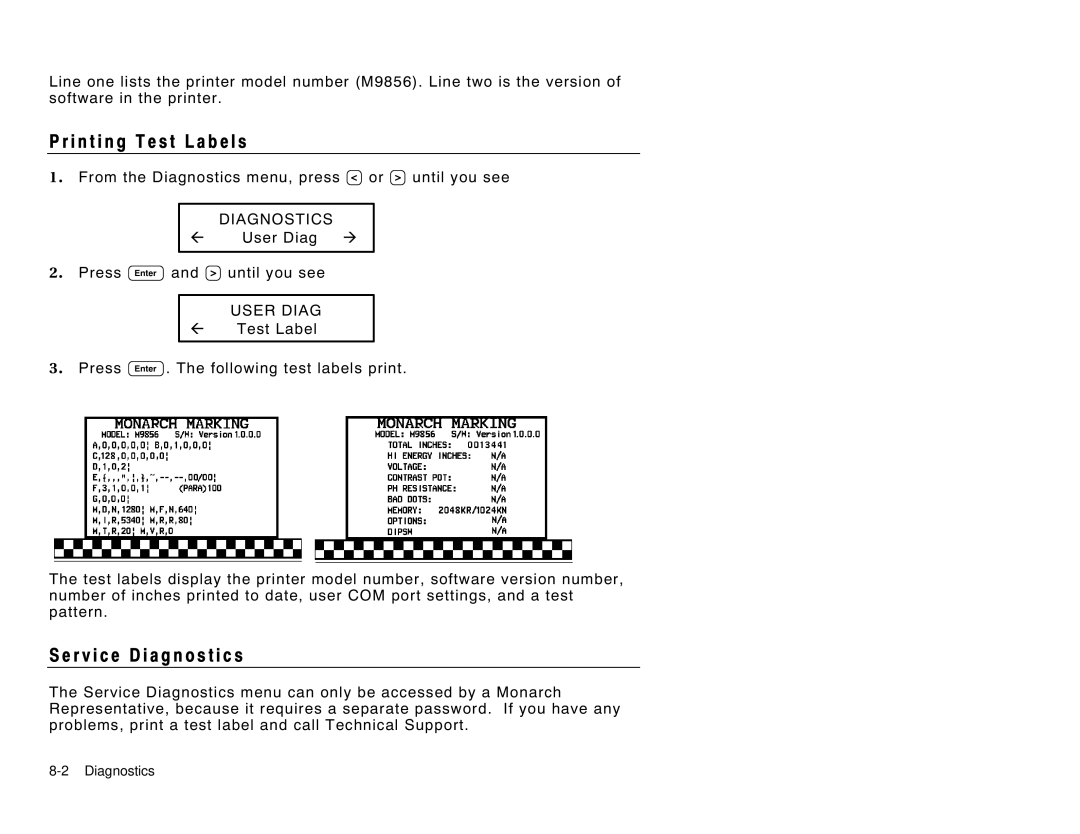 Paxar 9856 manual I n t i n g T e s t L a b e l s, R v i c e D i a g n o s t i c s, User Diag 