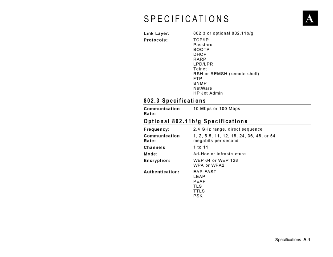 Paxar 9860 manual Specification S, T i o n a l 8 0 2 1 b / g Specification s 