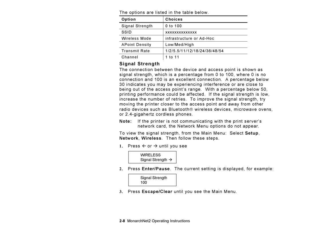 Paxar 9860 manual Signal Strength, Option Choices 