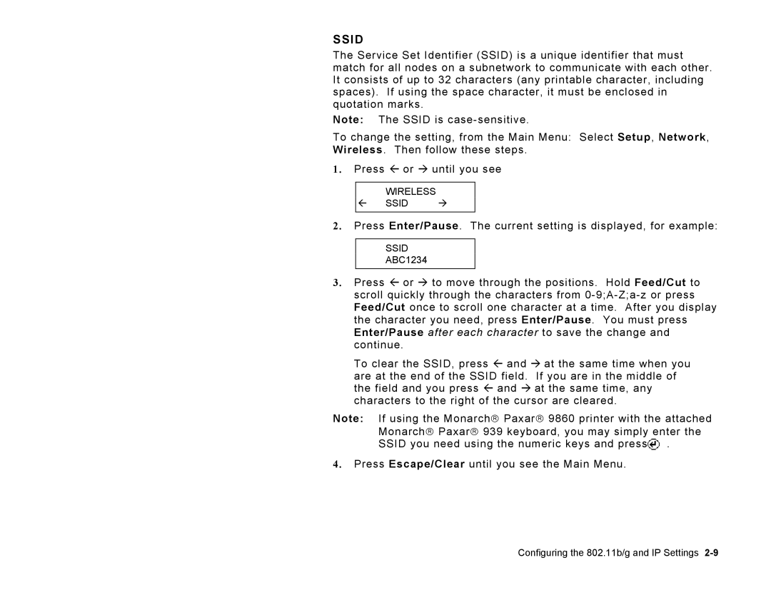 Paxar 9860 manual Ssid 