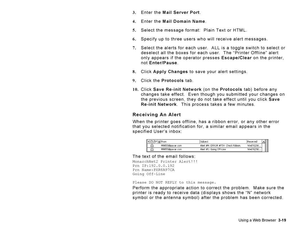 Paxar 9860 manual Receiving An Alert, Enter the Mail Server Port Enter the Mail Domain Name 