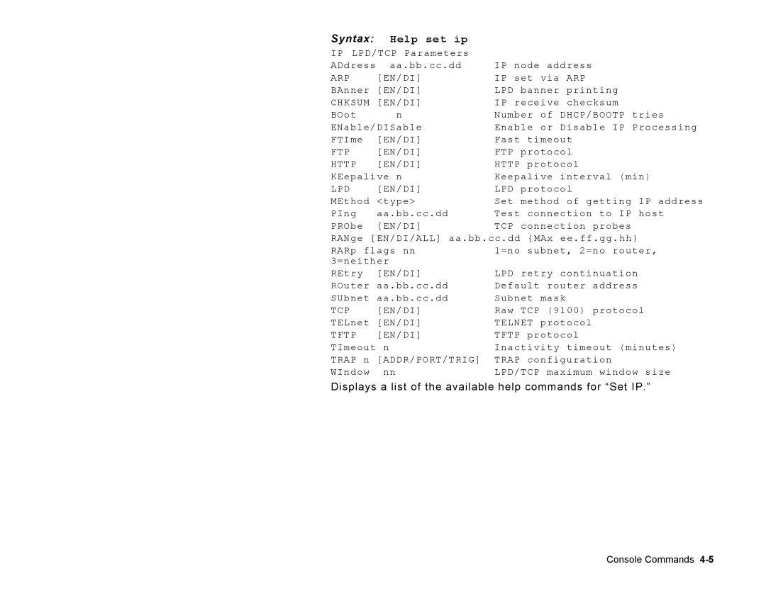 Paxar 9860 manual Help set ip, Chksum EN/DI 