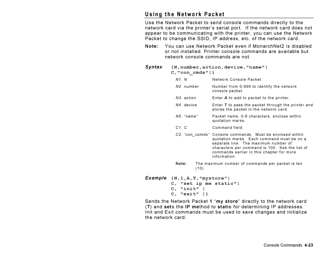 Paxar 9860 manual I n g t h e N e t w o r k P a c k e t, Syntax N,number,action,device,name Concmds 