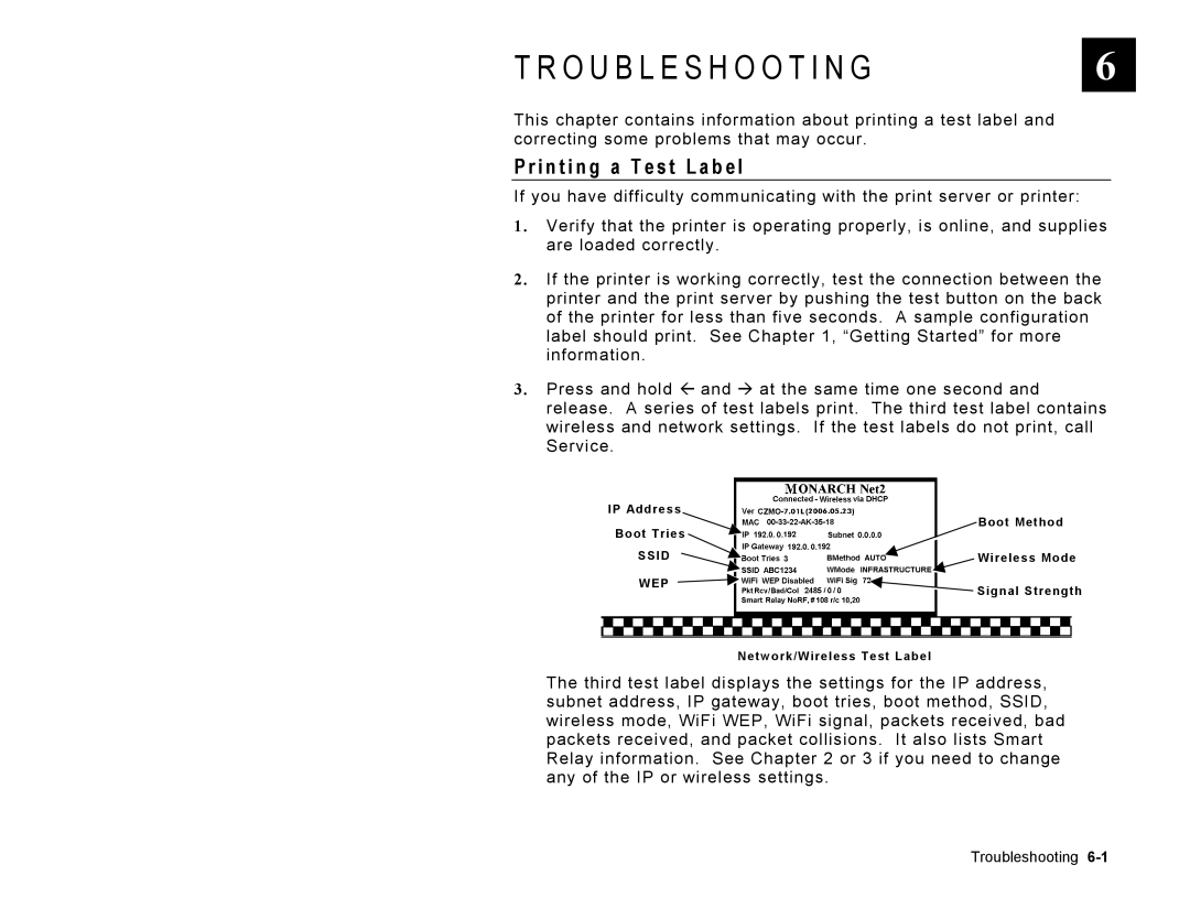 Paxar 9860 manual Troubleshooting, I n t i n g a T e s t L a b e l 