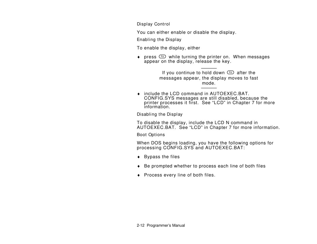 Paxar Gold 6037EX manual Display Control, Enabling the Display, Disabling the Display, Boot Options 