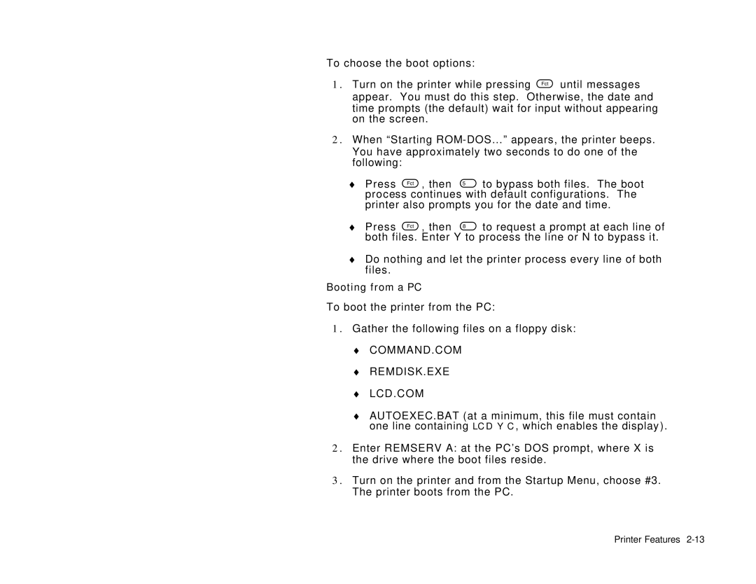 Paxar Gold 6037EX manual Booting from a PC, Command.Com Remdisk.Exe Lcd.Com 
