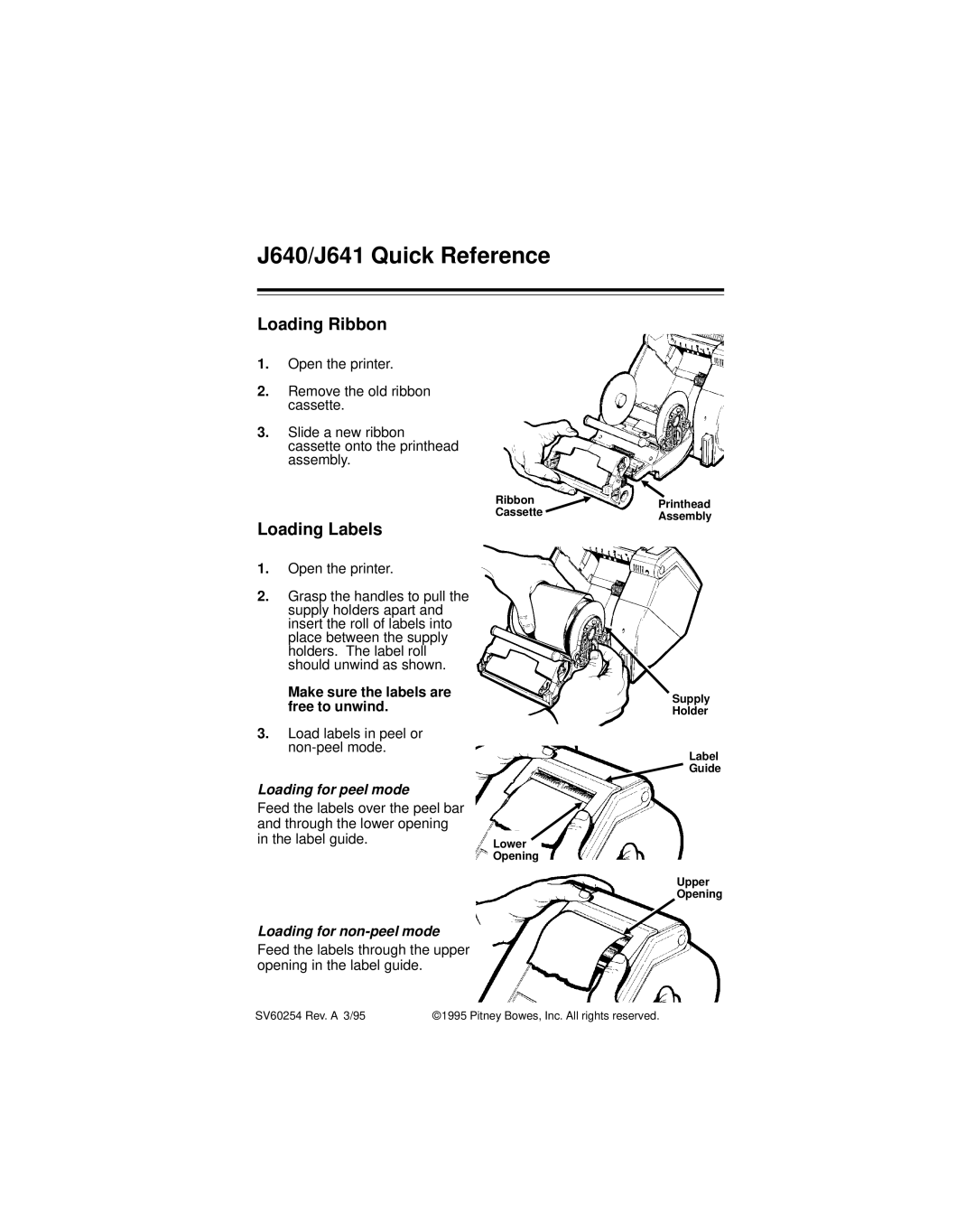 Paxar manual J640/J641 Quick Reference, Loading Ribbon, Loading Labels, Loading for peel mode 