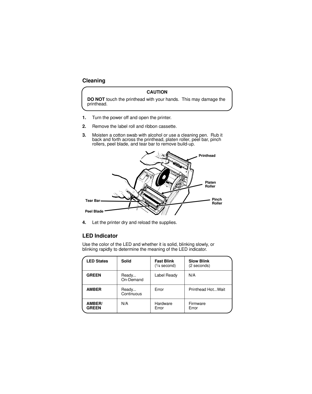 Paxar J640, J641 manual Cleaning, LED Indicator 