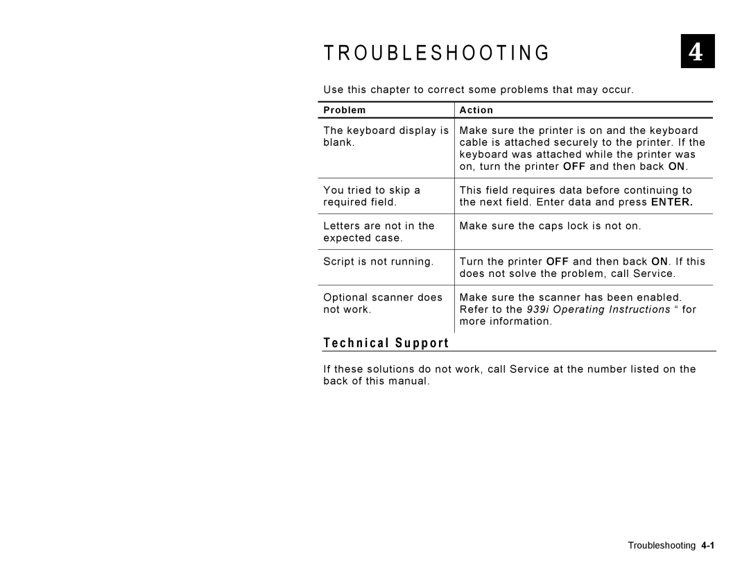 Paxar Model 9416 manual Troubleshooting, C h n i c a l S u p p o r t 