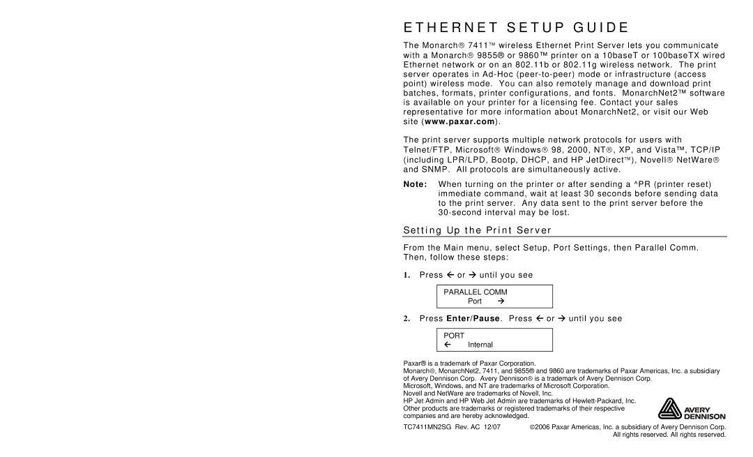 Paxar Monarch 7411 setup guide H E R N E T S E T U P G U I D E, T t i n g U p t h e P r i n t S e r v e r 