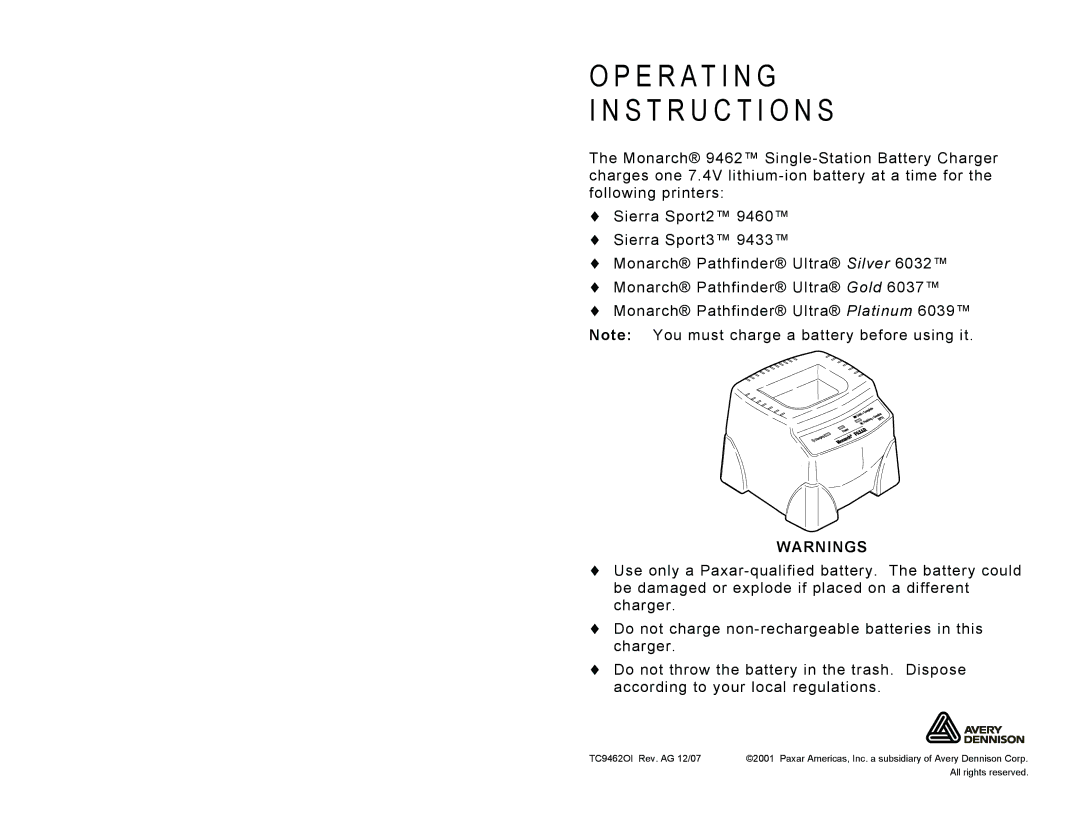 Paxar Monarch 9462TM manual E R At I N G S T R U C T I O N S 