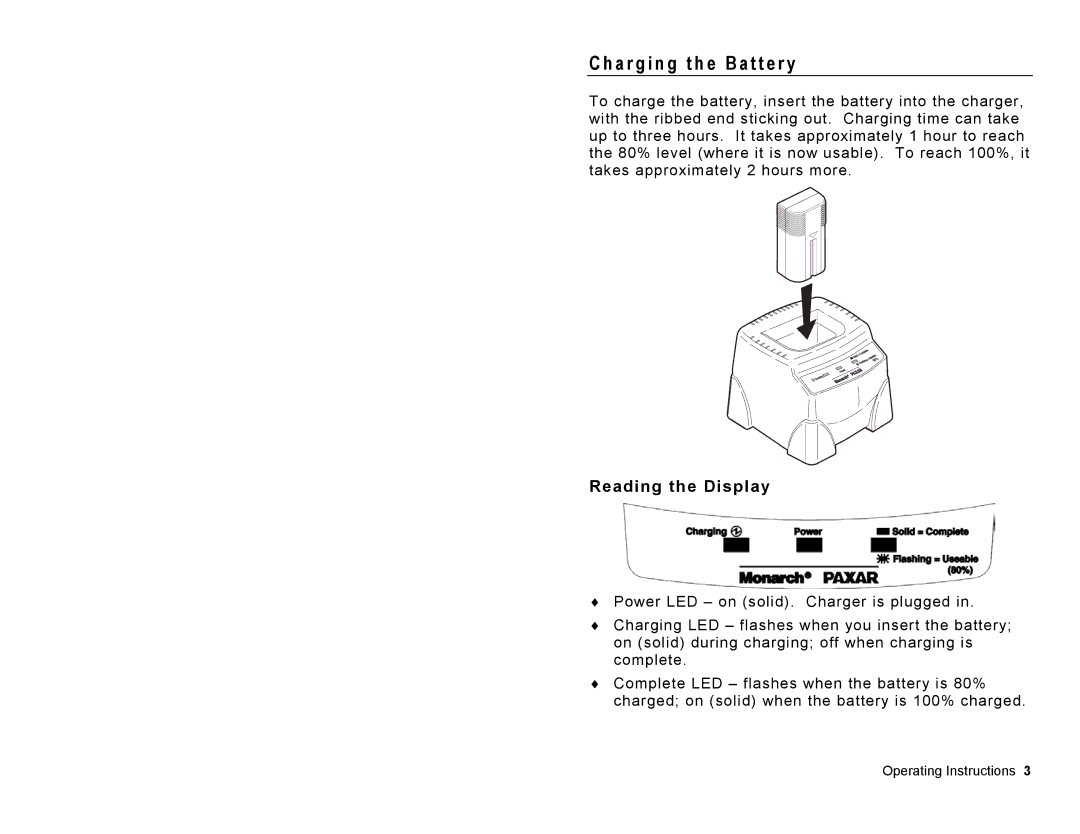 Paxar Monarch 9462TM manual A r g i n g t h e B a t t e r y, Reading the Display 