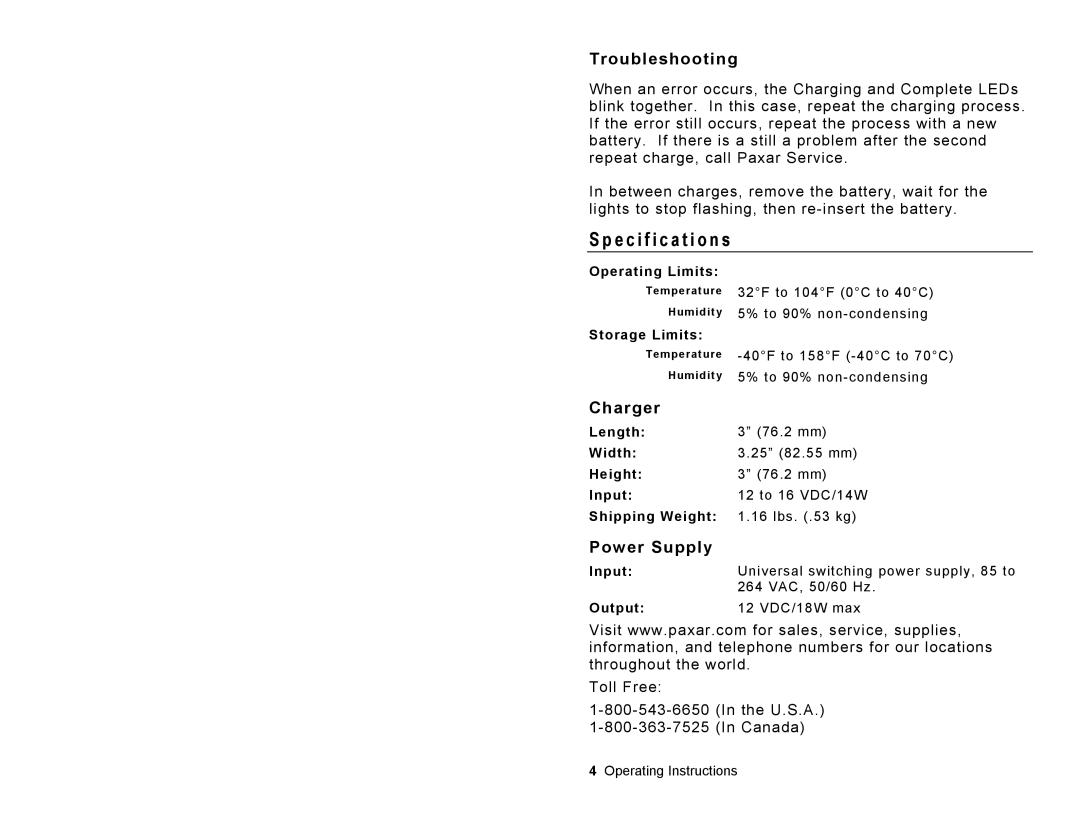 Paxar Monarch 9462TM manual Specification s, Troubleshooting, Charger, Power Supply 