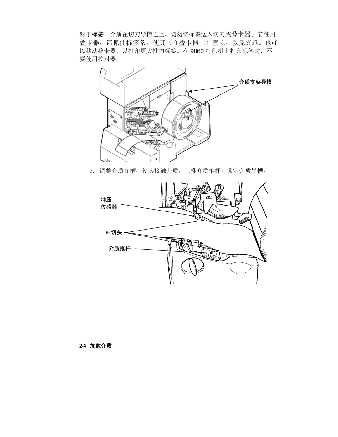 Paxar Monarch 9800 manual 调整介质导槽，使其接触介质。上推介质推杆，锁定介质导槽。 