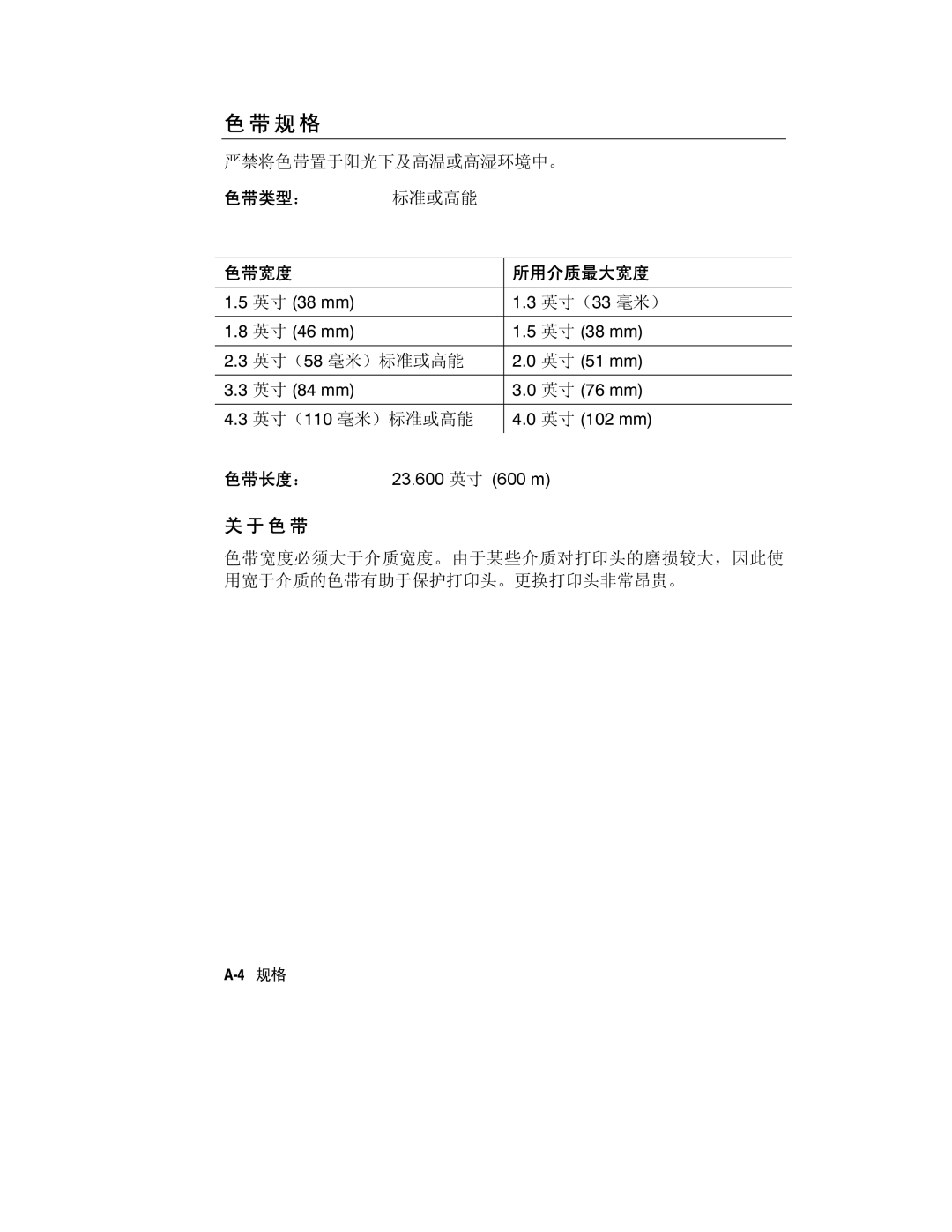 Paxar Monarch 9800 manual 规 格, 色带宽度 所用介质最大宽度 