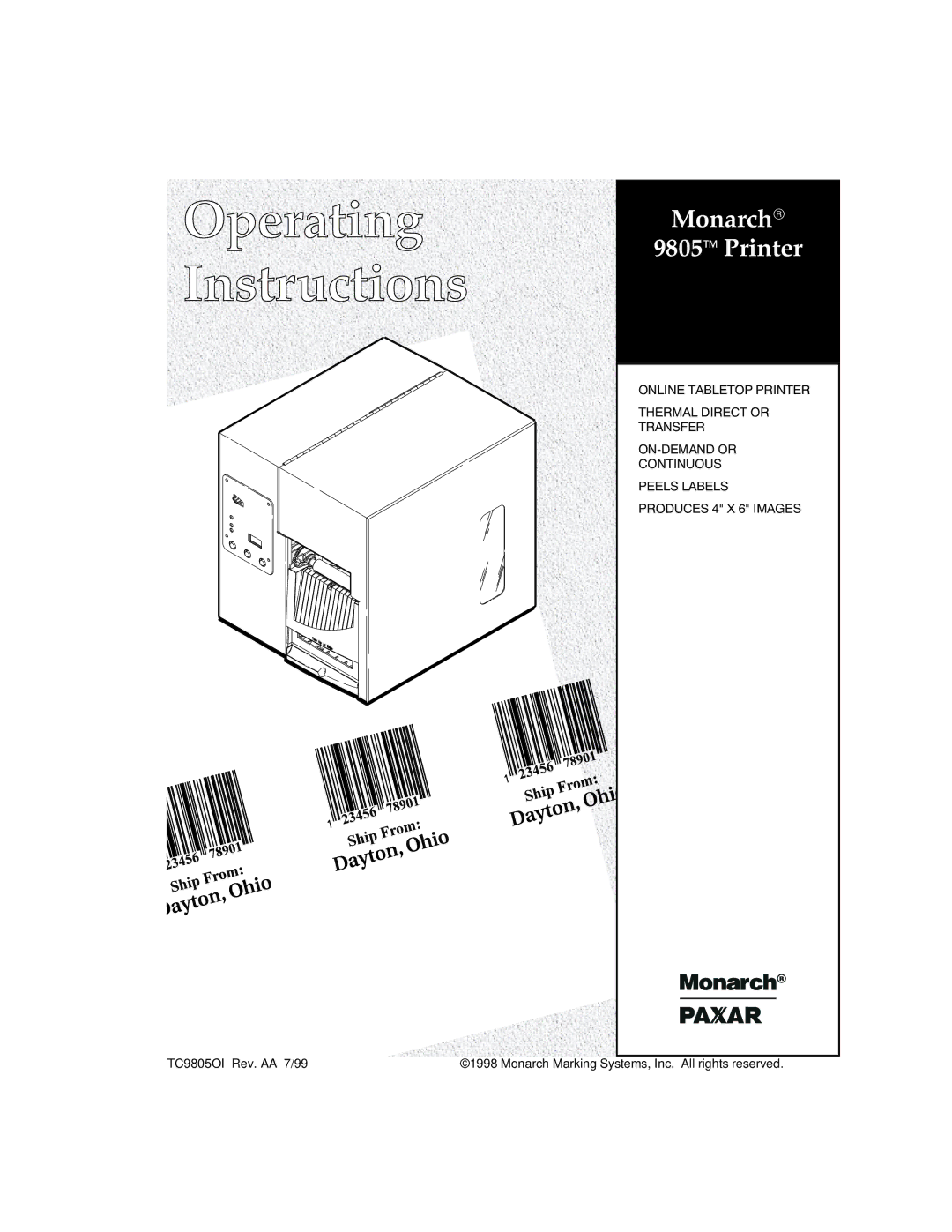 Paxar Monarch 9805 manual Monarch Printer 