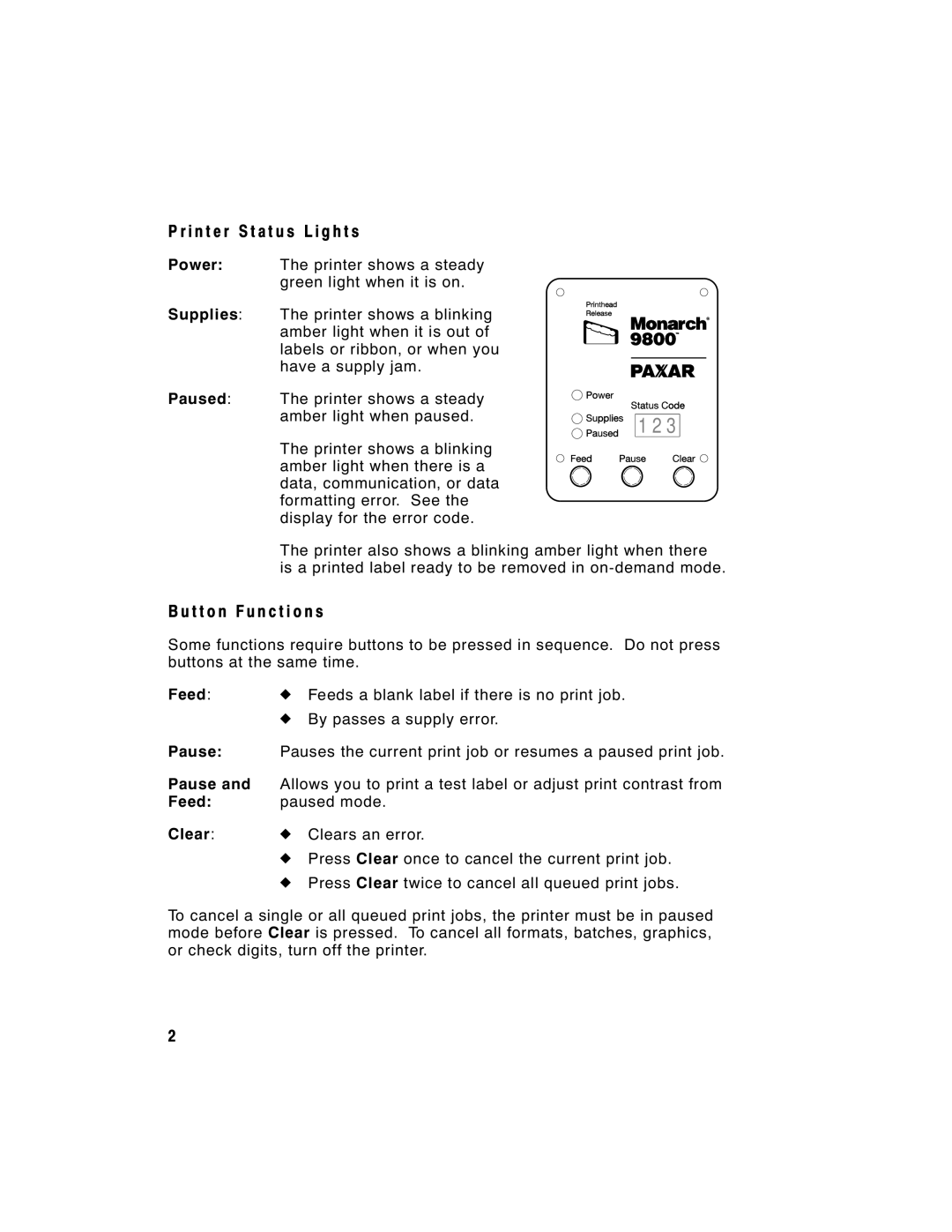 Paxar Monarch 9805 manual I n t e r S t a t u s L i g h t s, T t o n Fu n c t i o n s, Feed, Pause, Clear 