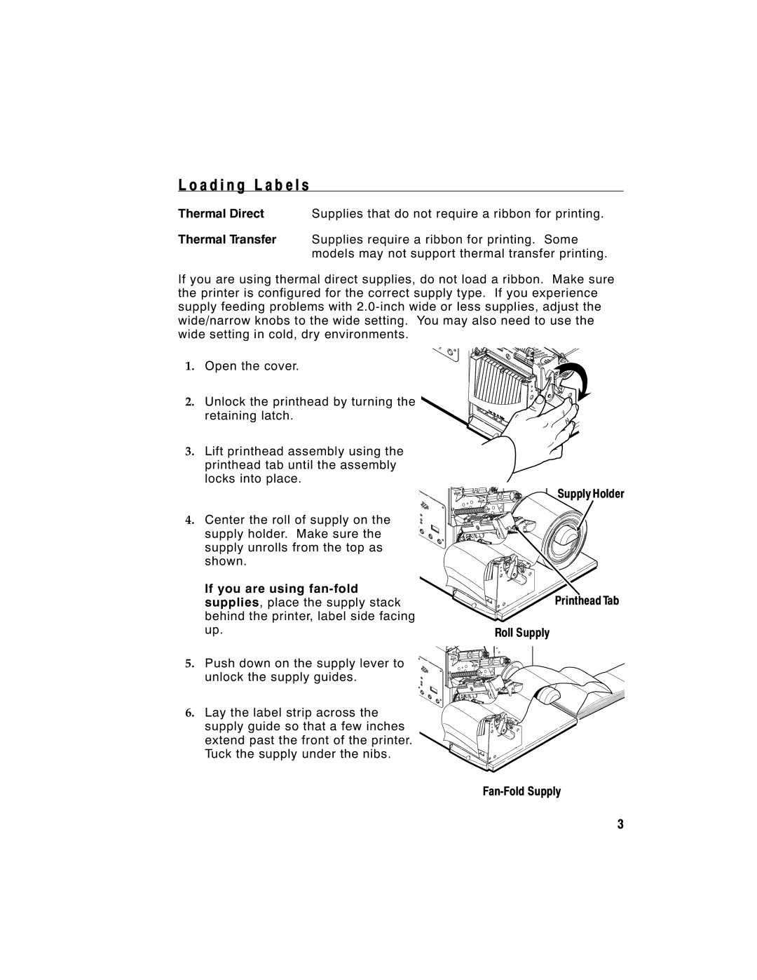 Paxar Monarch 9805 manual A d i n g L a b e l s, Thermal Direct, Thermal Transfer, If you are using fan-fold 