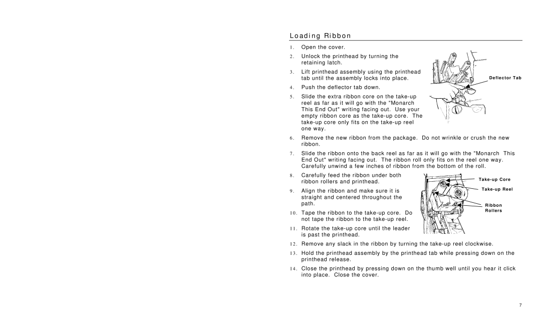 Paxar Monarch 9825 manual A d i n g R i b b o n, Tab until the assembly locks into place 