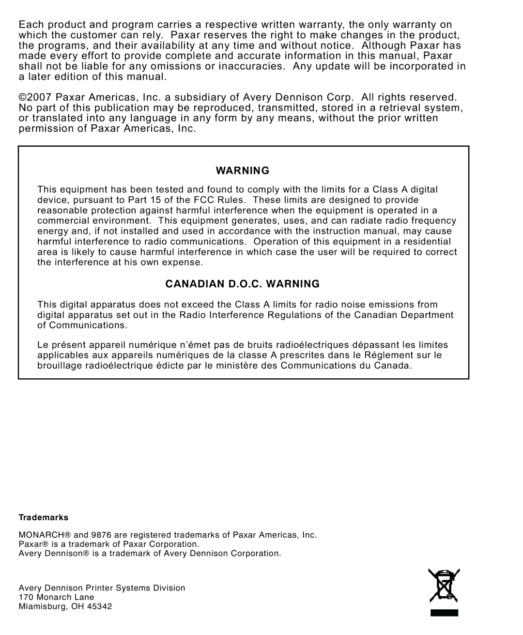 Paxar Monarch 9876 manual Canadian D.O.C. Warning 