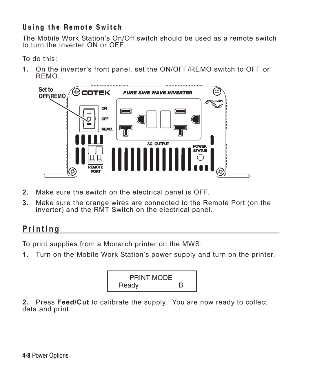 Paxar Monarch 9876 manual I n t i n g, I n g t h e R e m o t e S w i t c h 