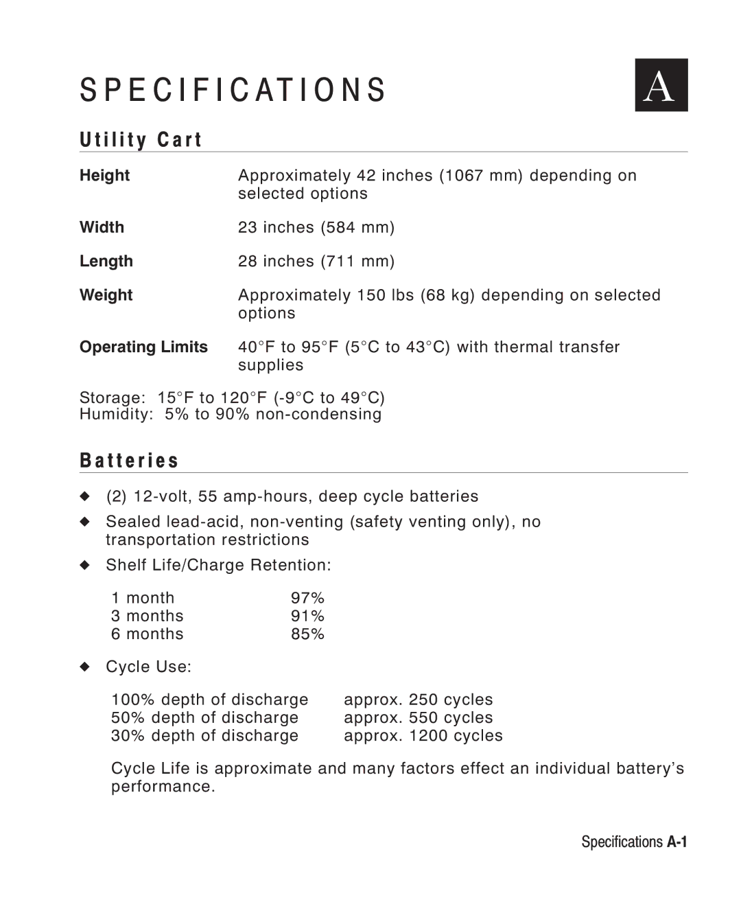 Paxar Monarch 9876 manual Specification S, I l i t y C a r t, T t e r i e s 