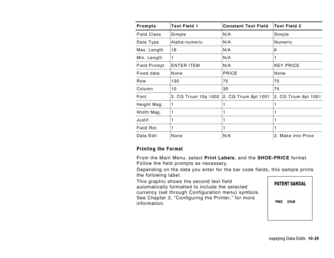 Paxar Monarch Pathfinder Ultra Gold manual Prompts Text Field Constant Text Field, Fixed data None 