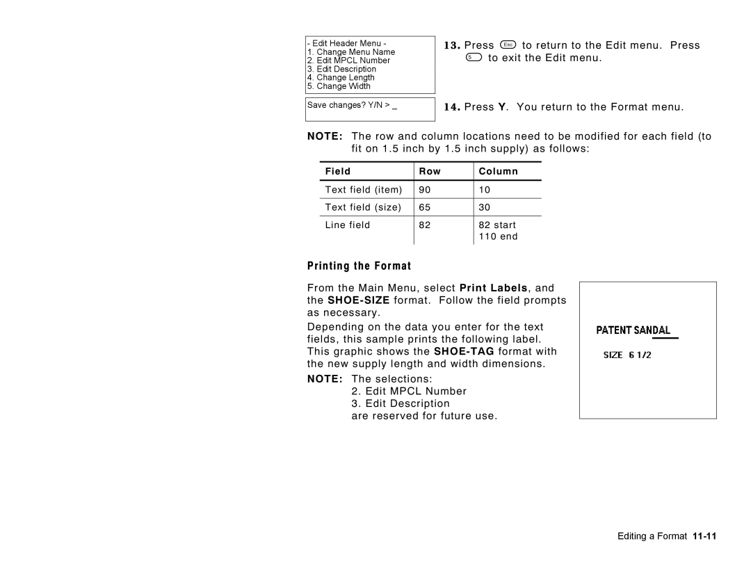 Paxar Monarch Pathfinder Ultra Gold manual Field Row Column, Text field item Text field size Line field Start 110 end 