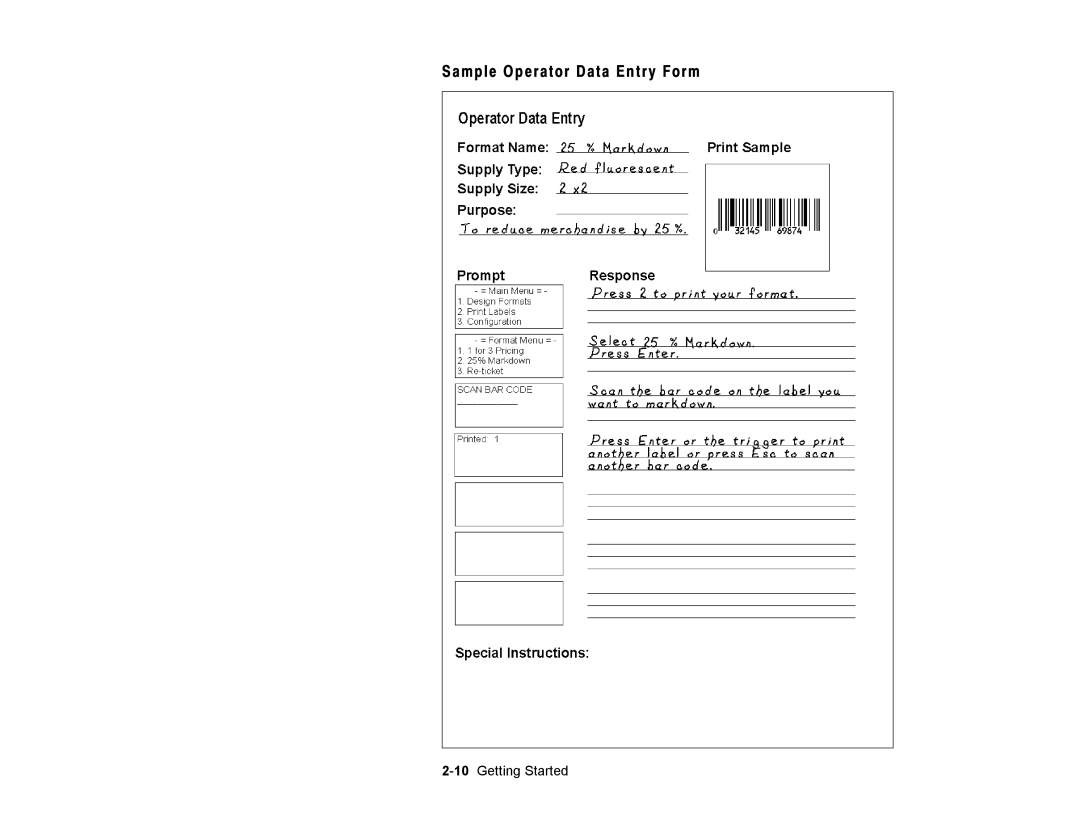 Paxar Monarch Pathfinder Ultra Gold manual Sample Operator Data Entry Form, 10Getting Started 