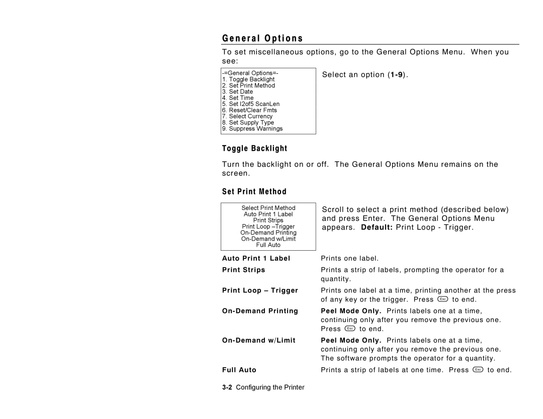Paxar Monarch Pathfinder Ultra Gold N e r a l O p t i o n s, Toggle Backlight, Set Print Method, 2Configuring the Printer 