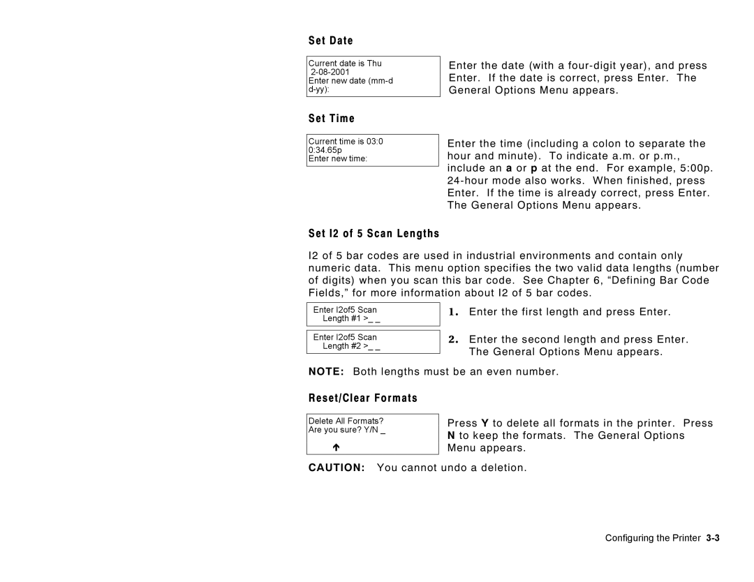 Paxar Monarch Pathfinder Ultra Gold manual Set Date, Set Time, Set I2 of 5 Scan Lengths, Reset/Clear Formats 