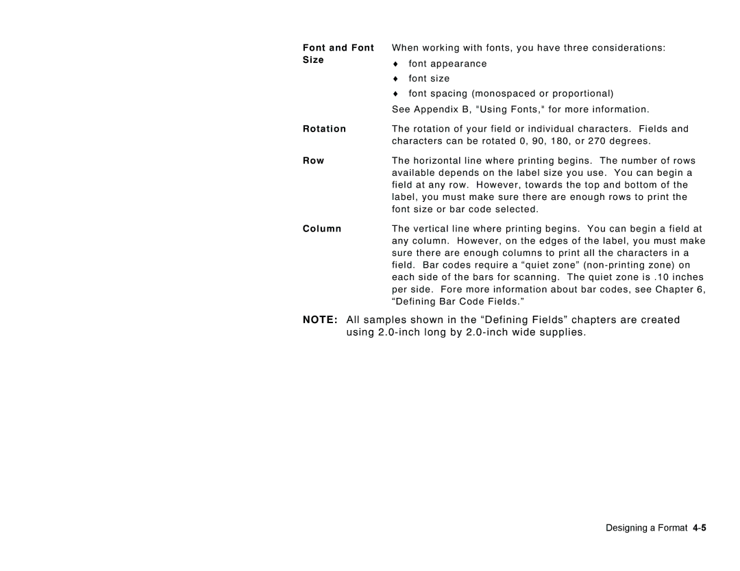 Paxar Monarch Pathfinder Ultra Gold manual Font and Font Size Rotation Row, Column, Defining Bar Code Fields 