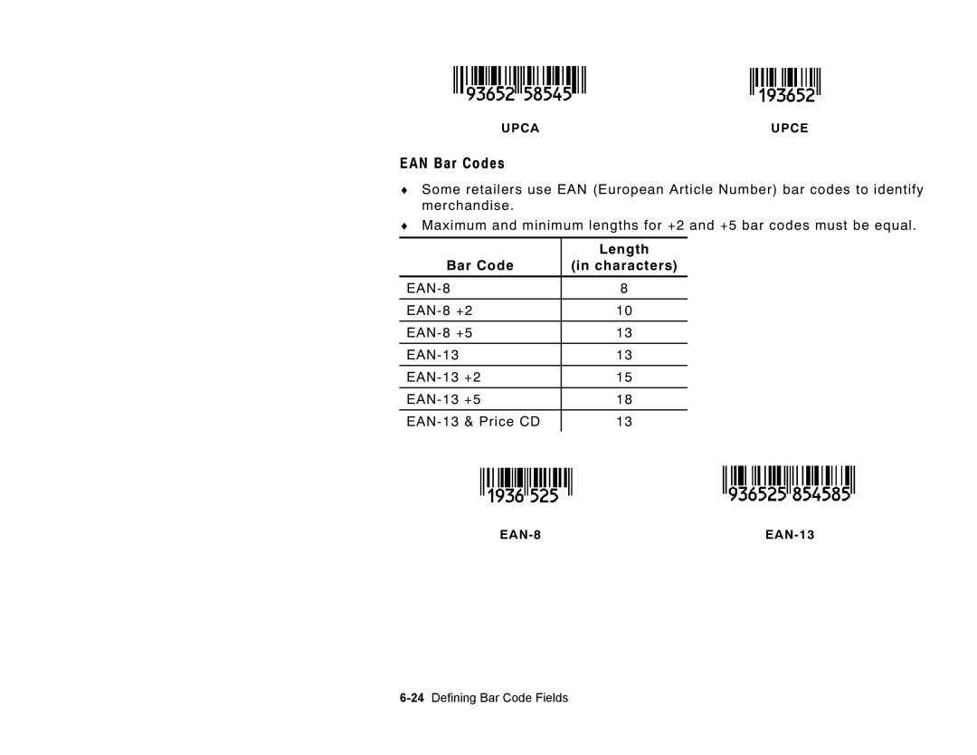 Paxar Monarch Pathfinder Ultra Gold manual EAN Bar Codes, EAN-8 EAN-13, 24Defining Bar Code Fields 