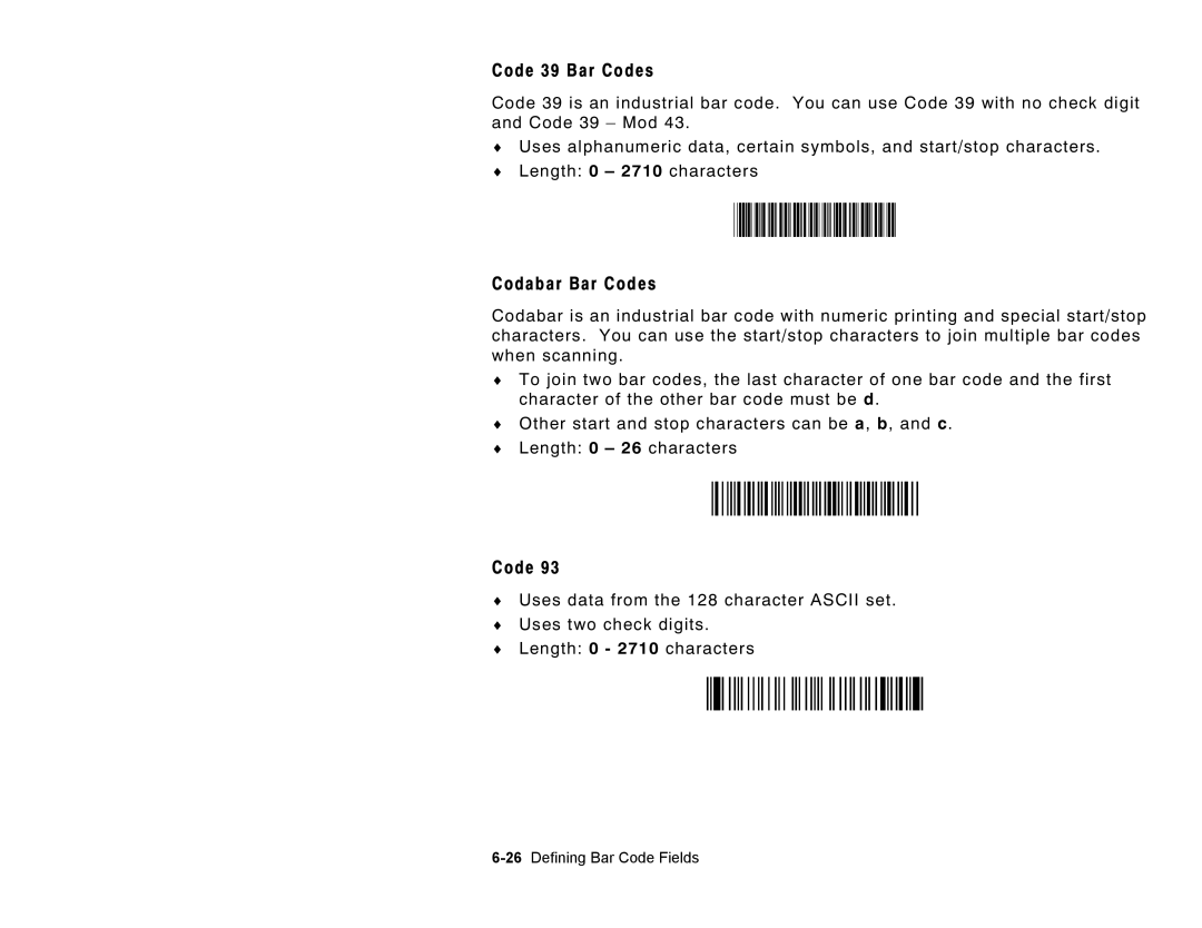 Paxar Monarch Pathfinder Ultra Gold manual Code 39 Bar Codes, Codabar Bar Codes, 26Defining Bar Code Fields 