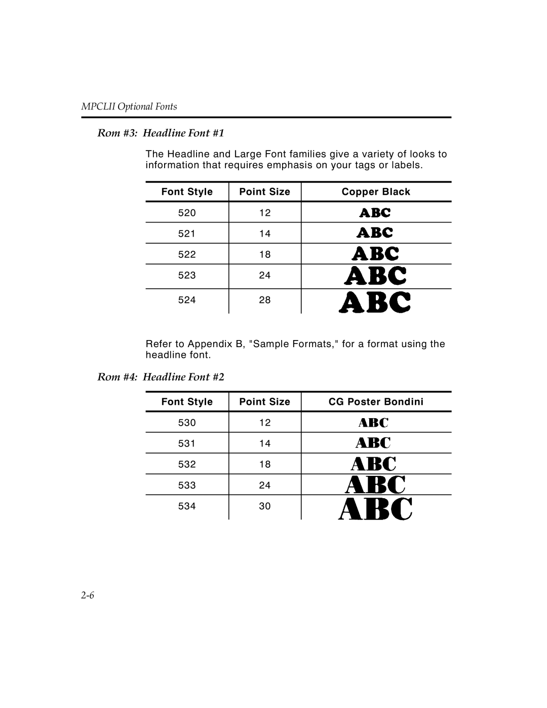 Paxar MPCL II manual Rom #3 Headline Font #1, Rom #4 Headline Font #2 