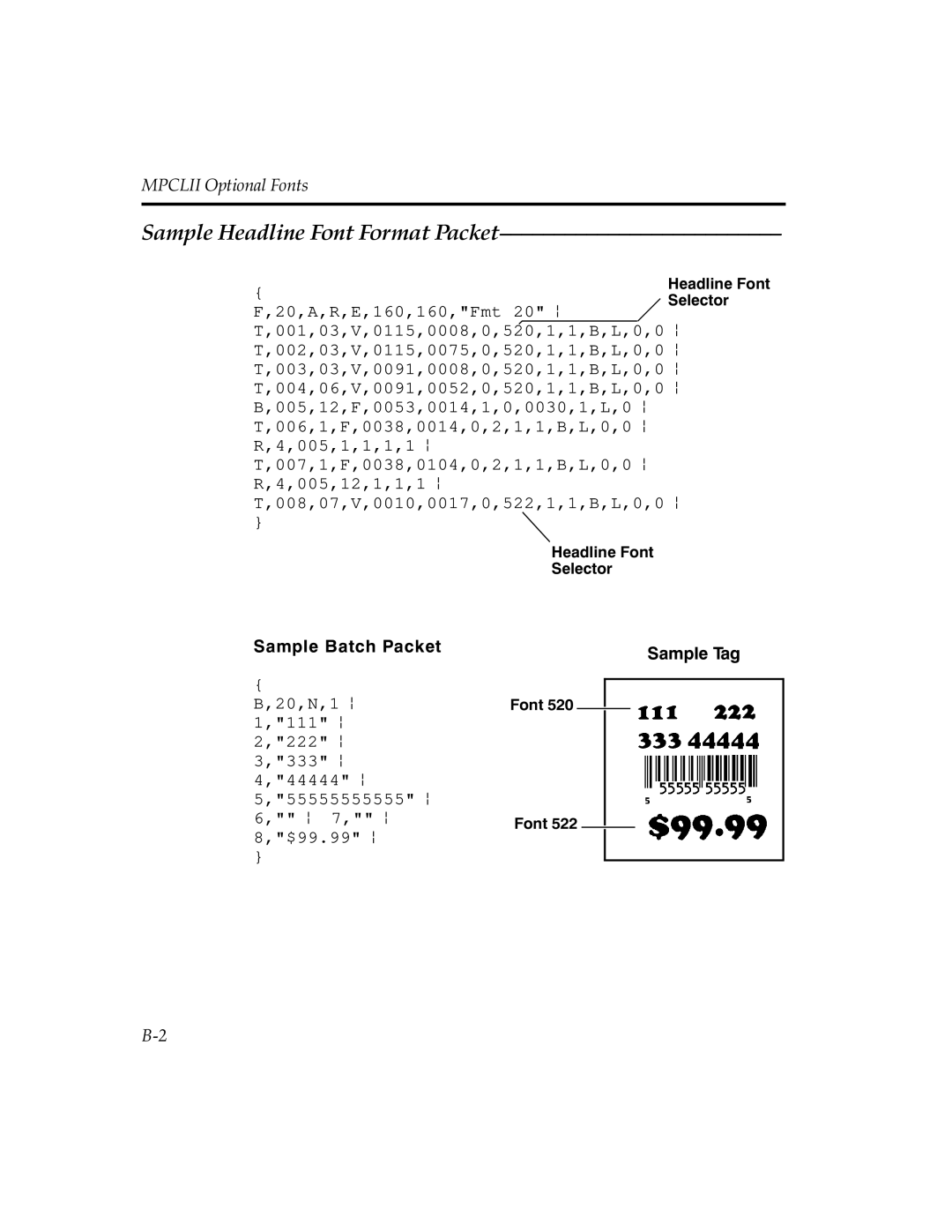 Paxar MPCL II manual Sample Headline Font Format Packet 