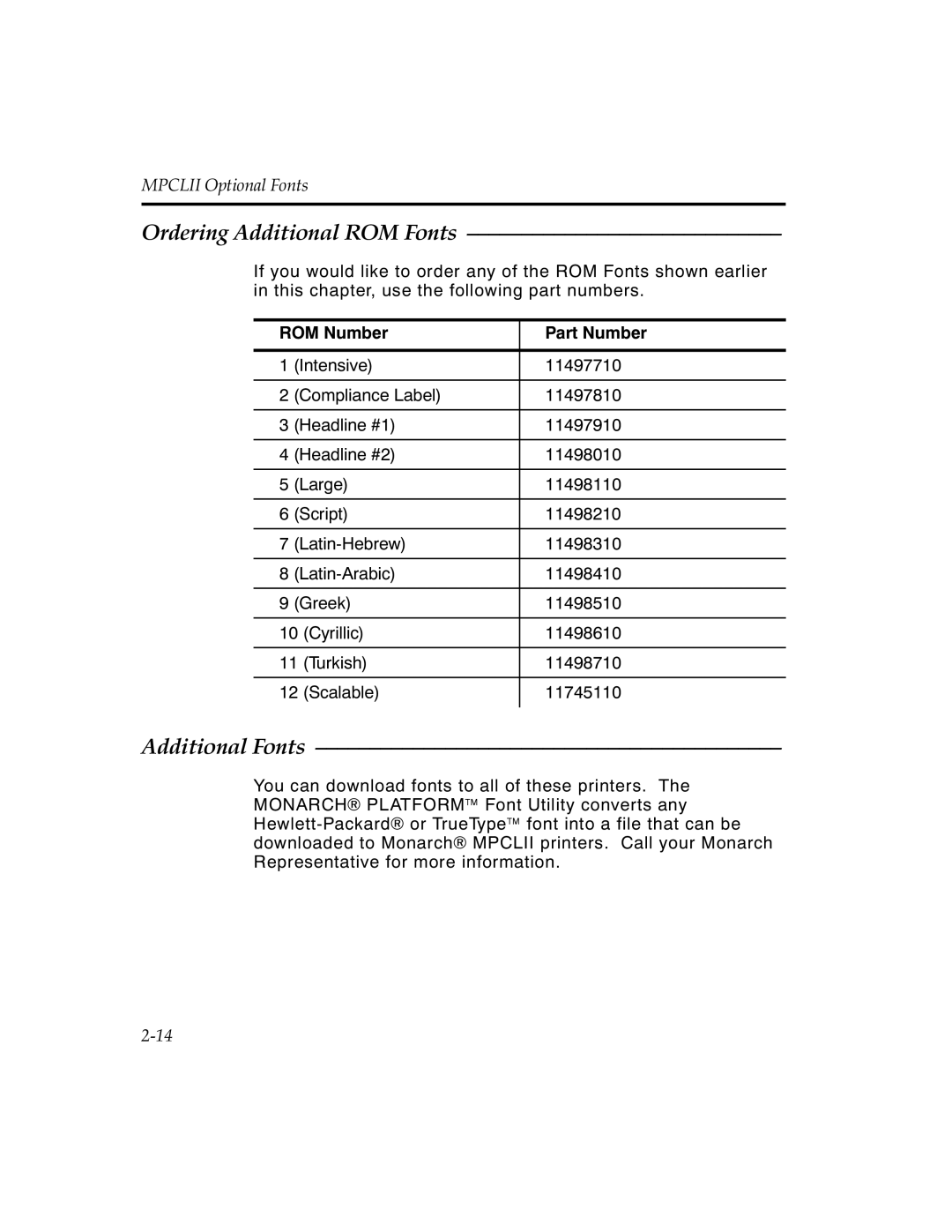 Paxar MPCL II manual Additional Fonts, ROM Number, Part Number, 2-14, Ordering Additional ROM Fonts, MPCLII Optional Fonts 