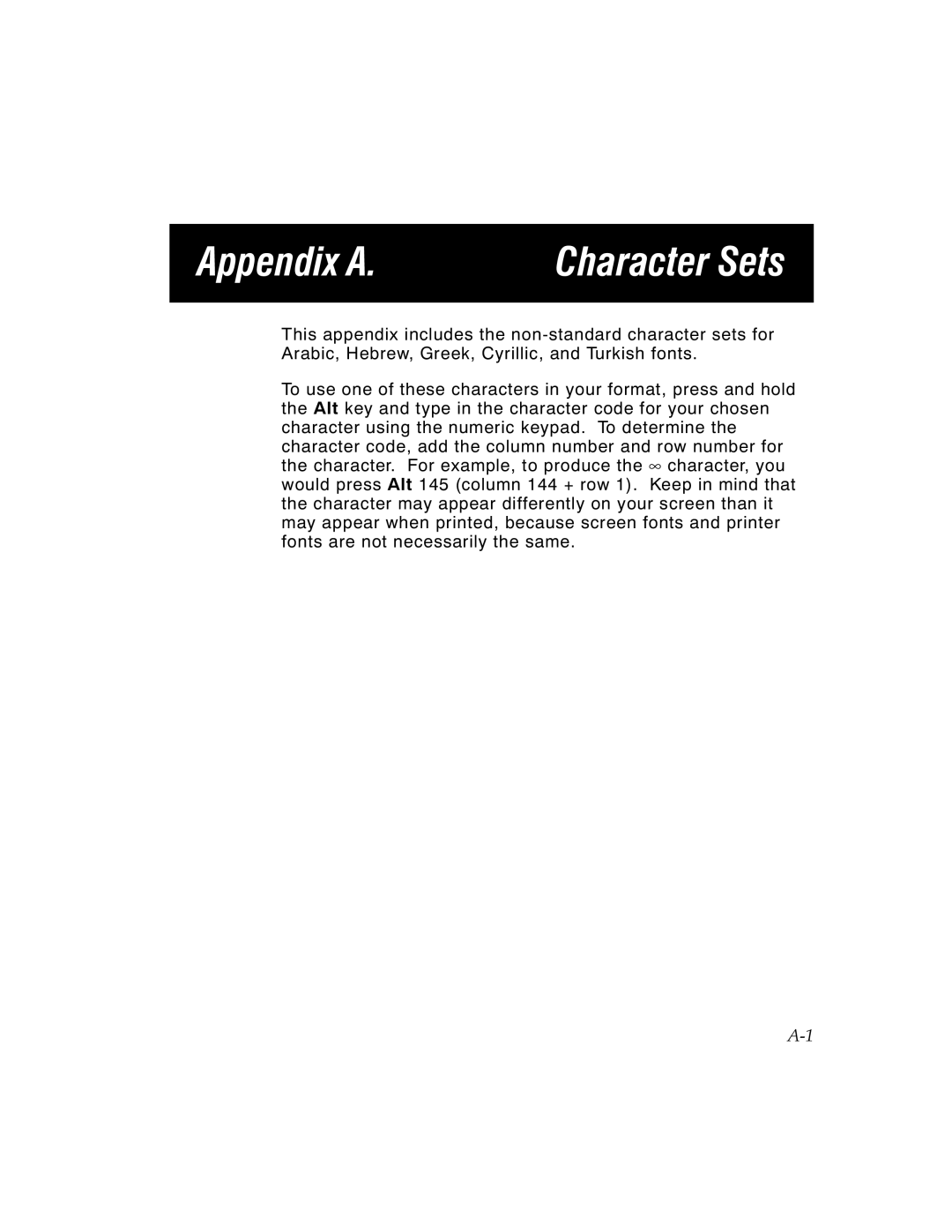 Paxar MPCL II manual Appendix A, Character Sets 