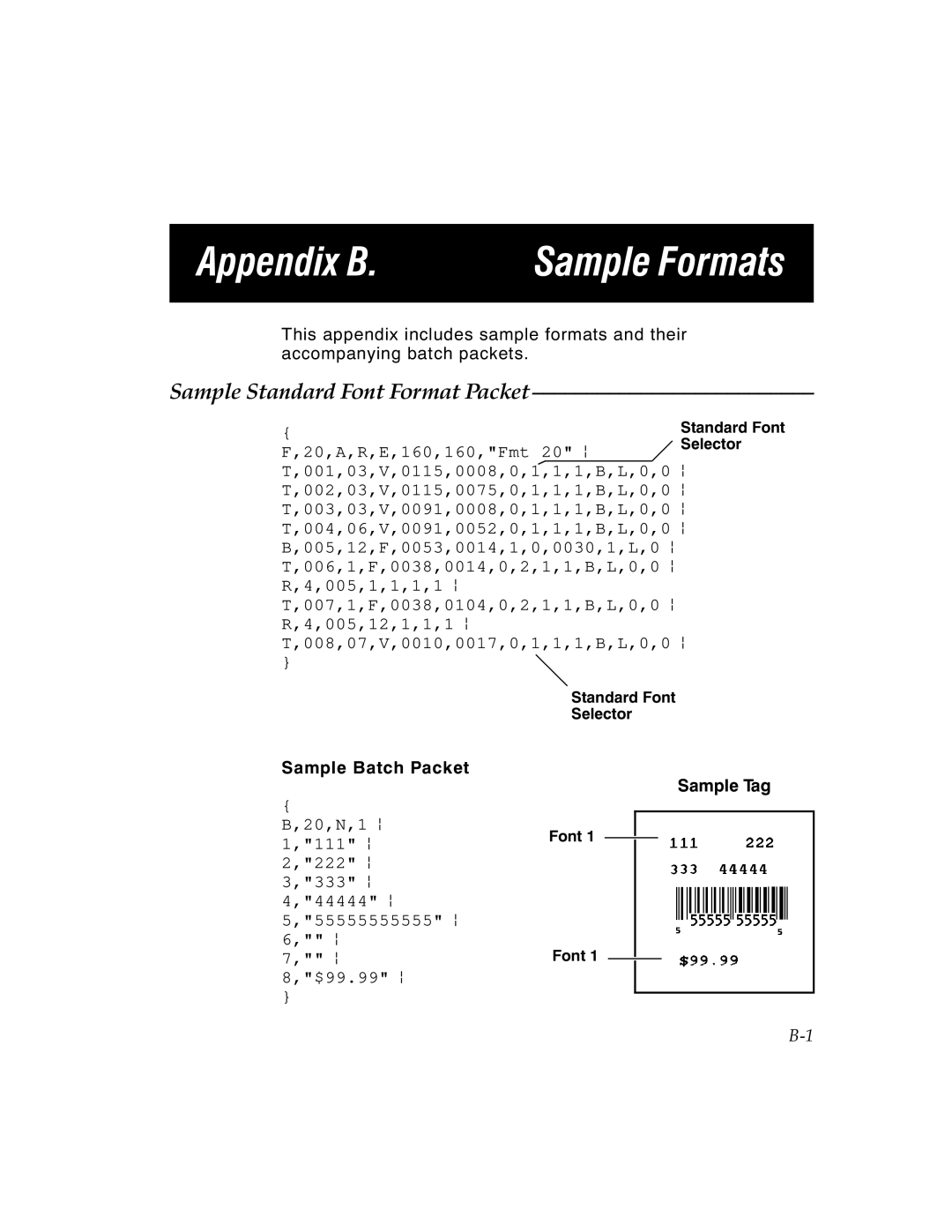 Paxar MPCL II manual Appendix B. Sample Formats, Sample Standard Font Format Packet, Sample Batch Packet, Sample Tag 
